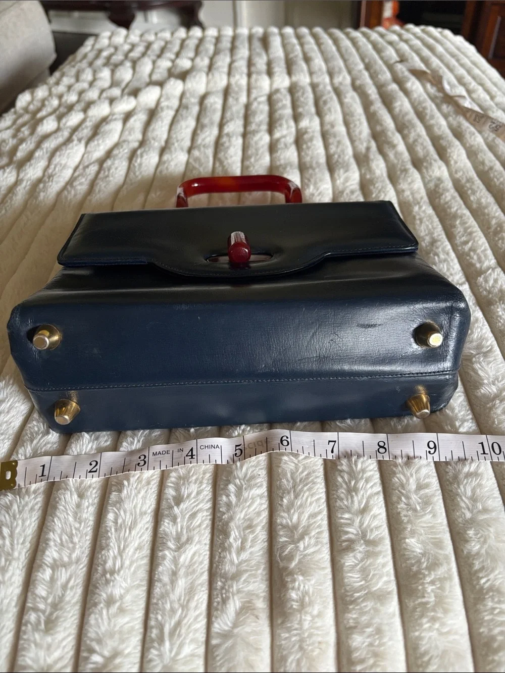 Vintage retro Classic Navy Leather Top-Handle Bag with Red Accent